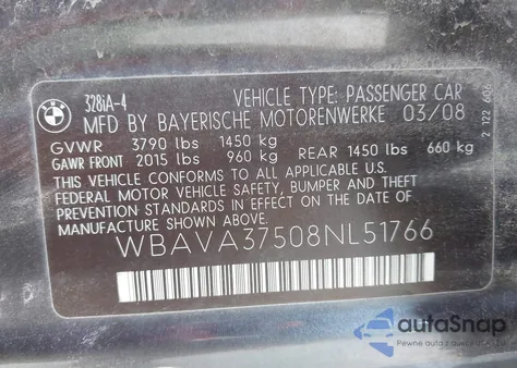2008 BMW 328I from USA, damaged, VIN WBAVA37508NL51766